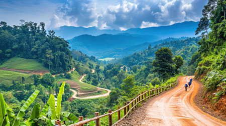 Experience the beauty of nature on this lush forest trail Trek along the path surrounded by greenery and reach a stunning viewpoint Admire the vastness and tranquility of the river or valley below under a clear blue skyの素材