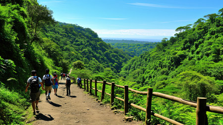 Experience the beauty of nature on this lush forest trail Trek along the path surrounded by greenery and reach a stunning viewpoint Admire the vastness and tranquility of the river or valley below under a clear blue skyの素材