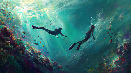 Experience the breathtaking beauty of an underwater world as divers and snorkelers discover vibrant coral reefs teeming with marine life Immerse yourself in the wonder and serenity of the marine ecosystemの素材