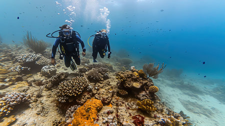 Experience the breathtaking beauty of an underwater world as divers and snorkelers discover vibrant coral reefs teeming with marine life Immerse yourself in the wonder and serenity of the marine ecosystemの素材