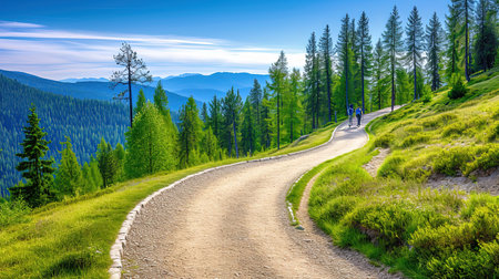 Experience the beauty of nature on this lush forest trail Trek along the path surrounded by greenery and reach a stunning viewpoint Admire the vastness and tranquility of the river or valley below under a clear blue skyの素材