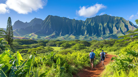Experience the beauty of nature on this lush forest trail Trek along the path surrounded by greenery and reach a stunning viewpoint Admire the vastness and tranquility of the river or valley below under a clear blue skyの素材