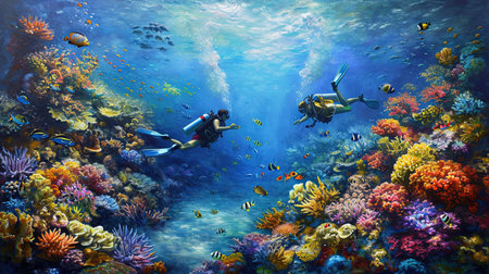 Experience the breathtaking beauty of an underwater world as divers and snorkelers discover vibrant coral reefs teeming with marine life Immerse yourself in the wonder and serenity of the marine ecosystemの素材