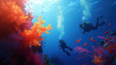 Experience the breathtaking beauty of an underwater world as divers and snorkelers discover vibrant coral reefs teeming with marine life Immerse yourself in the wonder and serenity of the marine ecosystemの素材