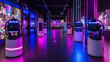 Step into the future of entertainment with a stateoftheart VR room Immerse yourself in a world of virtual reality interactive screens and cuttingedge gaming Neon accents add a playful touch to this modern setupの素材