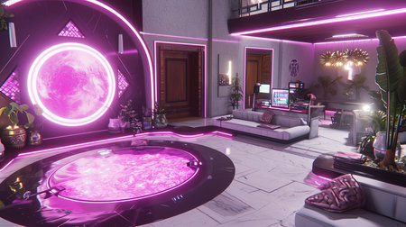 Step into the future of entertainment with a stateoftheart VR room Immerse yourself in a world of virtual reality interactive screens and cuttingedge gaming Neon accents add a playful touch to this modern setupの素材