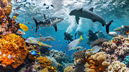Experience the breathtaking beauty of an underwater world as divers and snorkelers discover vibrant coral reefs teeming with marine life Immerse yourself in the wonder and serenity of the marine ecosystemの素材
