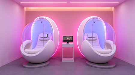 Step into the future of entertainment with a stateoftheart VR room Immerse yourself in a world of virtual reality interactive screens and cuttingedge gaming Neon accents add a playful touch to this modern setupの素材