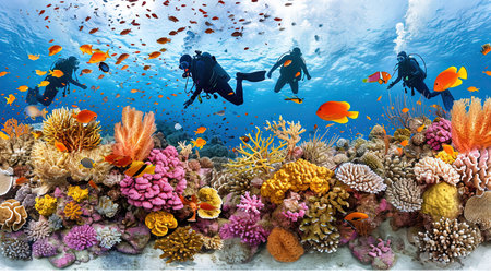 Experience the breathtaking beauty of an underwater world as divers and snorkelers discover vibrant coral reefs teeming with marine life Immerse yourself in the wonder and serenity of the marine ecosystemの素材