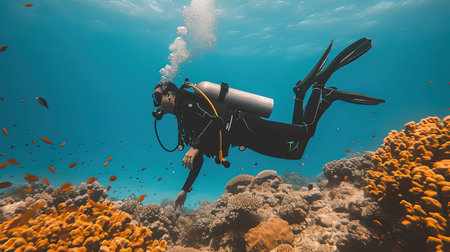 Experience the breathtaking beauty of an underwater world as divers and snorkelers discover vibrant coral reefs teeming with marine life Immerse yourself in the wonder and serenity of the marine ecosystemの素材