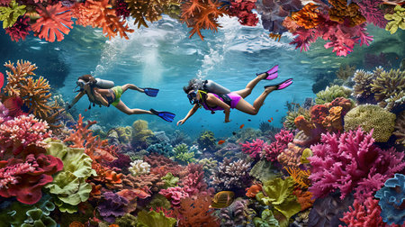 Experience the breathtaking beauty of an underwater world as divers and snorkelers discover vibrant coral reefs teeming with marine life Immerse yourself in the wonder and serenity of the marine ecosystemの素材