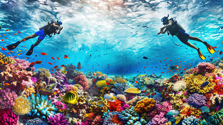Experience the breathtaking beauty of an underwater world as divers and snorkelers discover vibrant coral reefs teeming with marine life Immerse yourself in the wonder and serenity of the marine ecosystemの素材