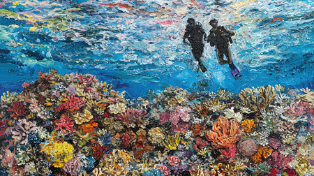 Experience the breathtaking beauty of an underwater world as divers and snorkelers discover vibrant coral reefs teeming with marine life Immerse yourself in the wonder and serenity of the marine ecosystemの素材