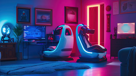 Step into the future of entertainment with a stateoftheart VR room Immerse yourself in a world of virtual reality interactive screens and cuttingedge gaming Neon accents add a playful touch to this modern setupの素材