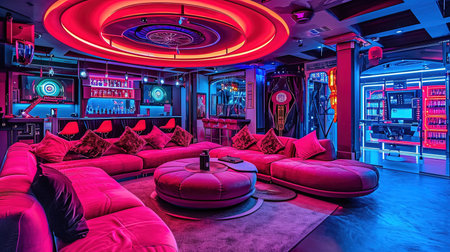 Step into the future of entertainment with a stateoftheart VR room Immerse yourself in a world of virtual reality interactive screens and cuttingedge gaming Neon accents add a playful touch to this modern setupの素材