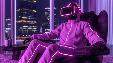 Step into the future of entertainment with a stateoftheart VR room Immerse yourself in a world of virtual reality interactive screens and cuttingedge gaming Neon accents add a playful touch to this modern setupの素材