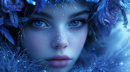 A captivating portrait of a fantasy bird in black and blue colors with intricate costumes and a style reminiscent of artgerm The birds feathers shimmer in purple and bronze tones creating a mesmerizing effect This image exudes a serene and enchanting atmosphere drawing viewers into a world of nightcore The birds expression and details on its face are skillfully portrayed making it a truly captivating piece of artの素材