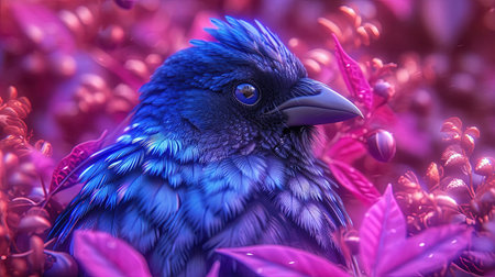 A captivating portrait of a fantasy bird in black and blue colors with intricate costumes and a style reminiscent of artgerm The birds feathers shimmer in purple and bronze tones creating a mesmerizing effect This image exudes a serene and enchanting atmosphere drawing viewers into a world of nightcore The birds expression and details on its face are skillfully portrayed making it a truly captivating piece of artの素材