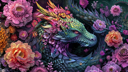 A mesmerizing image of a colorful dragon intricately covered in flowers The dark and sharp airbrush art style brings out the vivid and fluorescent colors creating a stunning and realistic color scheme Dazecore elements add a touch of uniqueness to this artwork with light indigo and magenta tones enhancing its beautyの素材