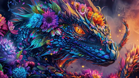 A mesmerizing image of a colorful dragon intricately covered in flowers The dark and sharp airbrush art style brings out the vivid and fluorescent colors creating a stunning and realistic color scheme Dazecore elements add a touch of uniqueness to this artwork with light indigo and magenta tones enhancing its beautyの素材