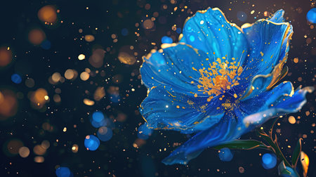 An exquisite digital image of an elegant blue flower surrounded by gold The intricate details and vibrant colors make this piece captivating Perfect for adding a touch of beauty to any spaceの素材