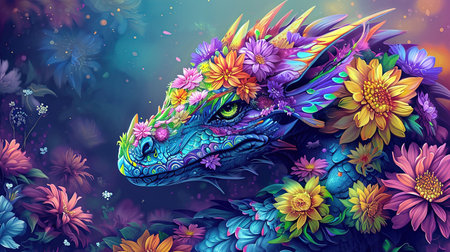 A mesmerizing image of a colorful dragon intricately covered in flowers The dark and sharp airbrush art style brings out the vivid and fluorescent colors creating a stunning and realistic color scheme Dazecore elements add a touch of uniqueness to this artwork with light indigo and magenta tones enhancing its beautyの素材