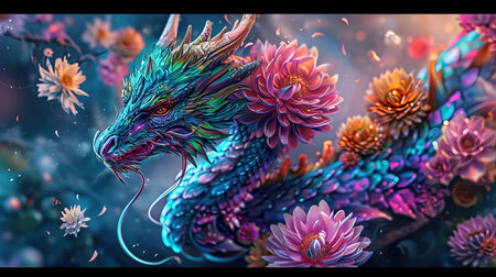 A mesmerizing image of a colorful dragon intricately covered in flowers The dark and sharp airbrush art style brings out the vivid and fluorescent colors creating a stunning and realistic color scheme Dazecore elements add a touch of uniqueness to this artwork with light indigo and magenta tones enhancing its beautyの素材
