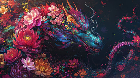 A mesmerizing image of a colorful dragon intricately covered in flowers The dark and sharp airbrush art style brings out the vivid and fluorescent colors creating a stunning and realistic color scheme Dazecore elements add a touch of uniqueness to this artwork with light indigo and magenta tones enhancing its beautyの素材