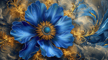 An exquisite digital image of an elegant blue flower surrounded by gold The intricate details and vibrant colors make this piece captivating Perfect for adding a touch of beauty to any spaceの素材