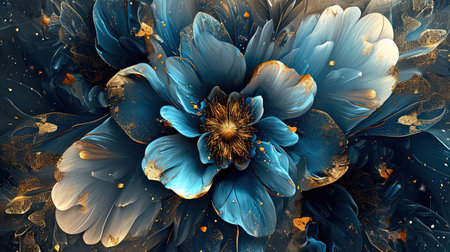An exquisite digital image of an elegant blue flower surrounded by gold The intricate details and vibrant colors make this piece captivating Perfect for adding a touch of beauty to any spaceの素材
