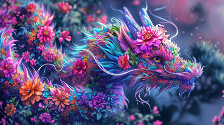 A mesmerizing image of a colorful dragon intricately covered in flowers The dark and sharp airbrush art style brings out the vivid and fluorescent colors creating a stunning and realistic color scheme Dazecore elements add a touch of uniqueness to this artwork with light indigo and magenta tones enhancing its beautyの素材