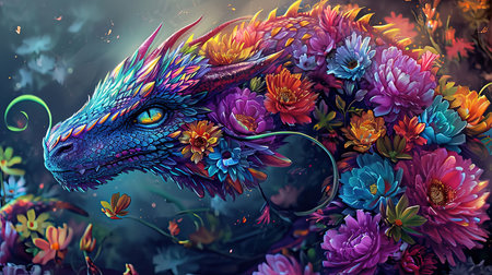 A mesmerizing image of a colorful dragon intricately covered in flowers The dark and sharp airbrush art style brings out the vivid and fluorescent colors creating a stunning and realistic color scheme Dazecore elements add a touch of uniqueness to this artwork with light indigo and magenta tones enhancing its beautyの素材