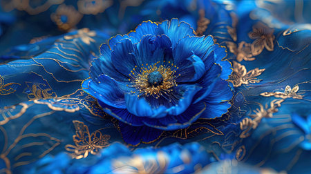An exquisite digital image of an elegant blue flower surrounded by gold The intricate details and vibrant colors make this piece captivating Perfect for adding a touch of beauty to any spaceの素材