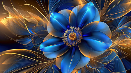 An exquisite digital image of an elegant blue flower surrounded by gold The intricate details and vibrant colors make this piece captivating Perfect for adding a touch of beauty to any spaceの素材
