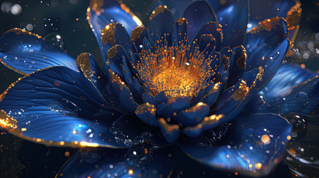 An exquisite digital image of an elegant blue flower surrounded by gold The intricate details and vibrant colors make this piece captivating Perfect for adding a touch of beauty to any spaceの素材
