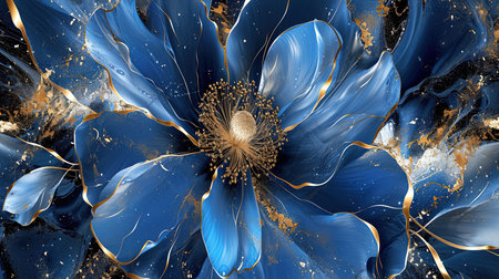 An exquisite digital image of an elegant blue flower surrounded by gold The intricate details and vibrant colors make this piece captivating Perfect for adding a touch of beauty to any spaceの素材