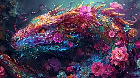 A mesmerizing image of a colorful dragon intricately covered in flowers The dark and sharp airbrush art style brings out the vivid and fluorescent colors creating a stunning and realistic color scheme Dazecore elements add a touch of uniqueness to this artwork with light indigo and magenta tones enhancing its beautyの素材