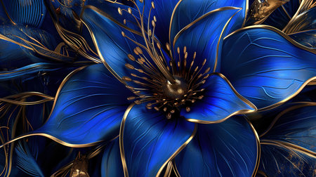 An exquisite digital image of an elegant blue flower surrounded by gold The intricate details and vibrant colors make this piece captivating Perfect for adding a touch of beauty to any spaceの素材