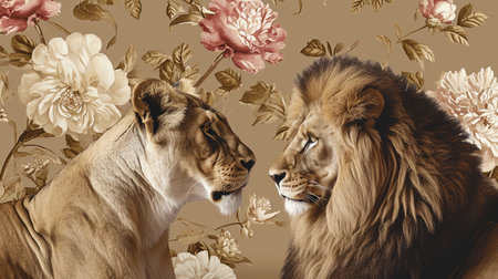 A beautiful portrait of a female and male lion surrounded by delicate flowers This realistic depiction showcases the majestic beauty of these animals in the warm hues of brown Immerse yourself in the captivating world of nature and wildlifeの素材