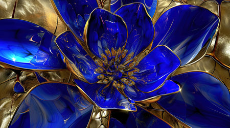 An exquisite digital image of an elegant blue flower surrounded by gold The intricate details and vibrant colors make this piece captivating Perfect for adding a touch of beauty to any spaceの素材