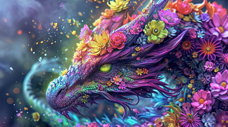 A mesmerizing image of a colorful dragon intricately covered in flowers The dark and sharp airbrush art style brings out the vivid and fluorescent colors creating a stunning and realistic color scheme Dazecore elements add a touch of uniqueness to this artwork with light indigo and magenta tones enhancing its beautyの素材