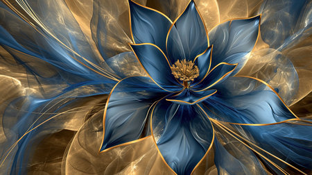 An exquisite digital image of an elegant blue flower surrounded by gold The intricate details and vibrant colors make this piece captivating Perfect for adding a touch of beauty to any spaceの素材
