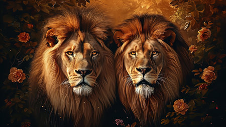 A beautiful portrait of a female and male lion surrounded by delicate flowers This realistic depiction showcases the majestic beauty of these animals in the warm hues of brown Immerse yourself in the captivating world of nature and wildlifeの素材