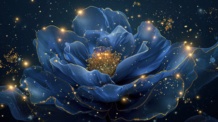 An exquisite digital image of an elegant blue flower surrounded by gold The intricate details and vibrant colors make this piece captivating Perfect for adding a touch of beauty to any spaceの素材