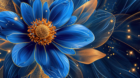 An exquisite digital image of an elegant blue flower surrounded by gold The intricate details and vibrant colors make this piece captivating Perfect for adding a touch of beauty to any spaceの素材