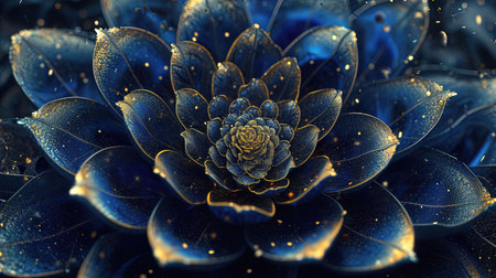 An exquisite digital image of an elegant blue flower surrounded by gold The intricate details and vibrant colors make this piece captivating Perfect for adding a touch of beauty to any spaceの素材