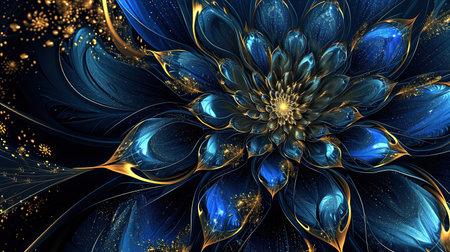 An exquisite digital image of an elegant blue flower surrounded by gold The intricate details and vibrant colors make this piece captivating Perfect for adding a touch of beauty to any spaceの素材