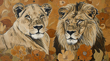 A beautiful portrait of a female and male lion surrounded by delicate flowers This realistic depiction showcases the majestic beauty of these animals in the warm hues of brown Immerse yourself in the captivating world of nature and wildlifeの素材