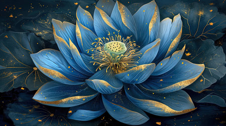 An exquisite digital image of an elegant blue flower surrounded by gold The intricate details and vibrant colors make this piece captivating Perfect for adding a touch of beauty to any spaceの素材