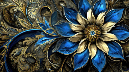 An exquisite digital image of an elegant blue flower surrounded by gold The intricate details and vibrant colors make this piece captivating Perfect for adding a touch of beauty to any spaceの素材